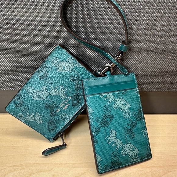 NWT! RARE! COACH LANYARD WALLET SET ID HOLDER HORSE AND CARRIAGE F79945 GREEN - Picture 1 of 10